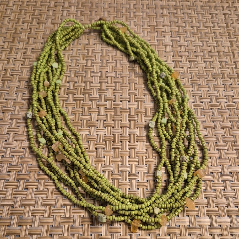 Green Beaded Choker Style Necklace With Cream Colored Stones